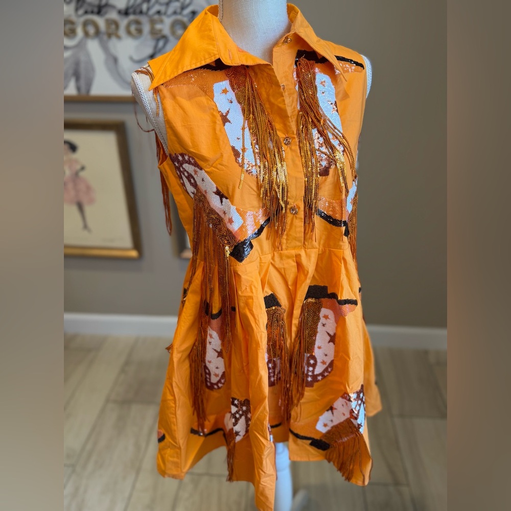 New! QUEEN OF SPARKLES Orange & White Sequin Fringe Boot Mini Dress